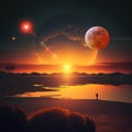 earth and moon on sunset at sea  night alien planet space starry sky flares cosmic fantastic background Royalty Free Stock Photo