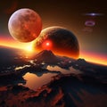 Earth and moon on sunset at sea  night alien planet space starry sky flares cosmic fantastic background Royalty Free Stock Photo