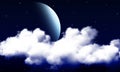 Moon behind clouds in dark starry sky