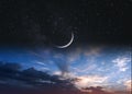 Moon on blue starry sky nebula natire background