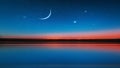 Moon on Blue starry sky night pink sunset reflection in sea wave  sunset  moon star  light  flares  light skyline seascape Royalty Free Stock Photo