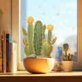 Moon Cactus in a small vase It sits on the desk by the window. Generative AI Royalty Free Stock Photo