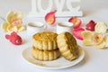 Moon cake, food for Vietnamese mid autumn festival. Focus on moon cake and others are blurred