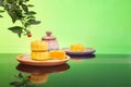 Moon cake with pretty background, a traditional food, cuisine, or snack for Chinese or Asian Mid-Autumn festival