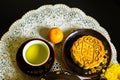 Moon cakes for the Chinese Mid-autumn festival isolated on black background. Royalty Free Stock Photo