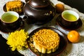 Moon cakes for the Chinese Mid-autumn festival isolated on black background. Royalty Free Stock Photo