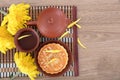 Moon cakes, tea and golden chrysanthemums for the Chinese Mid-Autumn Festival.Chinese characters on the moon cake means `Five kind