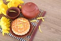 Moon cakes, tea and golden chrysanthemums for the Chinese Mid-Autumn Festival.Chinese characters on the moon cake means `Five kind