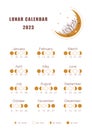 Moon calendar 2023 year. Lunar phases shedule template. Boho astrological poster. Vintage vector illustration Royalty Free Stock Photo