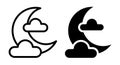 Moon and Cloud Icon Set in Line Art and Solid Black Style Royalty Free Stock Photo