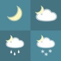 Moon cloud rain snow night simple icon Isolated on blue background Icon symbol lunar cloudy rainy snowy weather Flat design Royalty Free Stock Photo