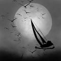 Moon, clouds, boat and birds. Royalty Free Stock Photo