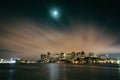 The moon and clouds moving through the sky over the Boston skyline at night, seen from LoPresti Park in East Royalty Free Stock Photo