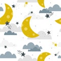 Moon, clouds and stars, colorful seamless pattern. Decorative background, sky Royalty Free Stock Photo