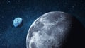 Moon with craters and blue planet Earth in starry space. Surface of the moon and view of the earth. Space exploration and lunar Royalty Free Stock Photo