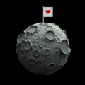 Moon with craters heart scratched surface and blank flag on top. High quality rendering. Isolated. Royalty Free Stock Photo