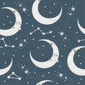 Moon and Crescent Moon and stars. Magical background, night sky. Moon with a cute face, sleeping planet Royalty Free Stock Photo