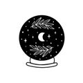 Moon into crystal ball. Celestial moon, stars, floral branch. Mystical moon witch graphic element isolated.