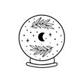 Moon crystal ball. Celestial moon, stars, floral branch. Mystical moon witch graphic element isolated