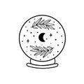 Moon crystal ball. Celestial moon, stars, floral branch. Mystical moon witch graphic element vector illustration