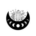 Moon crystal logo Spirituality moon phase crystal icon. Floral moon. Black graphic magical stone. Spiritual stone vector