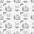 Moon crystal pattern. Celestial moon, floral branch, stars, crystals seamless pattern. Black and white coloring page. Hand drawn