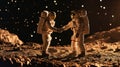 Moon diplomacy: spacemen from different nations share handshake Royalty Free Stock Photo