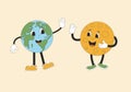 Moon and Earth cartoon characters give five each other in retro style. Smiling comic characters waving their hands. Vector