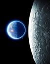 Moon and earth seen from space. Lunar surface and earth in the background. The earth seen from the moon. 50th anniversary of the l Royalty Free Stock Photo