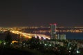 Moon eclipse. View of the night city of Saratov, Russia. The lights of a metropolis in the night. View of the bridge over the Volg