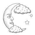 Moon with face engraving style vector illustration Royalty Free Stock Photo