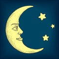 Moon with face engraving style vector illustration Royalty Free Stock Photo