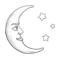 Moon with face engraving style vector illustration Royalty Free Stock Photo