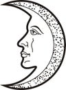 Moon with face. Heraldic sybol and tattoo.Black white silhouette Royalty Free Stock Photo