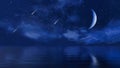 Moon and falling stars in night sky above ocean 3D Royalty Free Stock Photo