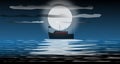 The moon floats prominently above the sea on a full moon night,