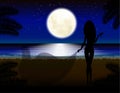 Moon, girl with glass, beach, vacation. Night landscape. Royalty Free Stock Photo