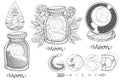 Moon in a glass jar. Beautiful inscription: Good night. A set of outline illustrations with sketches of tattoos