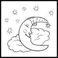 Moon, a graphical outline. Moon sleeping on a cloud