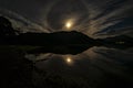 A Moon halo Jupiter,Saturn & Mars over Ullswater on a cloudy night Royalty Free Stock Photo