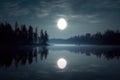 moon halo over a tranquil lake reflecting moonlight