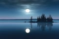 moon halo over tranquil lake with reflection