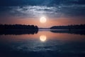 moon halo over tranquil lake with reflection