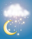 The moon hanging and twinkling stars hanging with cloud