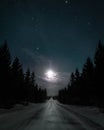 Moon illuminating a winter forrest road Royalty Free Stock Photo