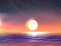 Starry sky moon stars sunset at sea blue,pink colorful summer night seascape city panorama night light reflection  nature Royalty Free Stock Photo