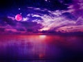 Moon light night dramatic sky on sunset nebula lilac pink sea water reflection sunlight evening summer seascape landscape