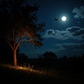 The moon and the light shine brightly behind the trees at night. Royalty Free Stock Photo