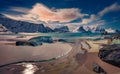 Moon light shining on Haukland beach, Norway, Europe. Mystical night sescape of Norwegian sea.