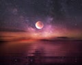 Moon on lilac blue dark starry sky at night at sea water wave reflection nebula milky way cosmic background